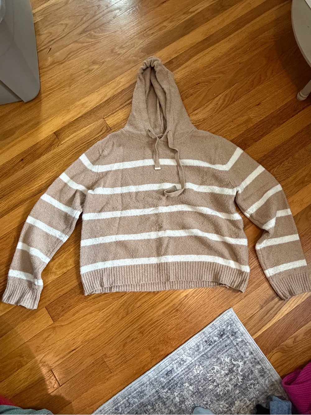 Max Studio Striped Hooded Sweater in Beige and White